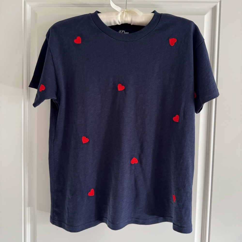 NWT J. Crew Navy Embroidered Hearts T-Shirt Women’s Size XS Relaxed Classic Fit